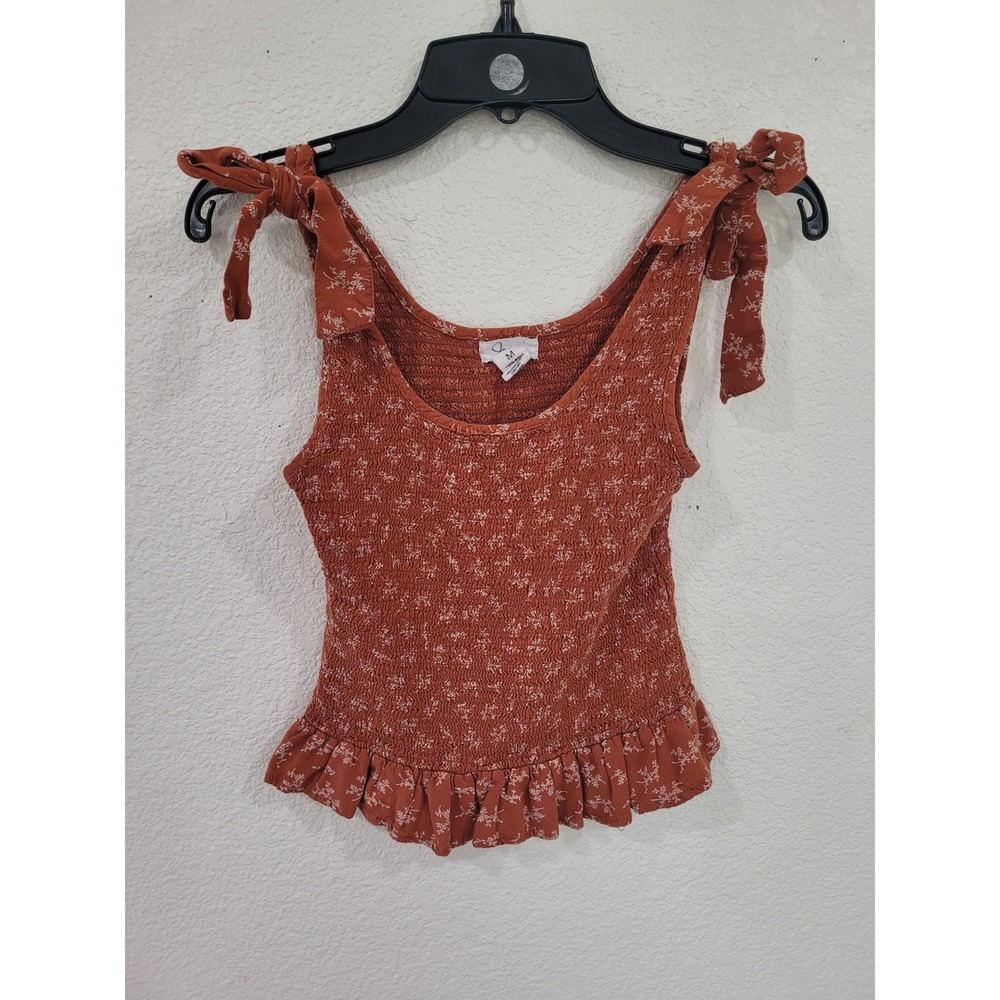 Japna Smocked Peplum Tank Top Rust Orange Floral Tie Shoulder Womens M #3